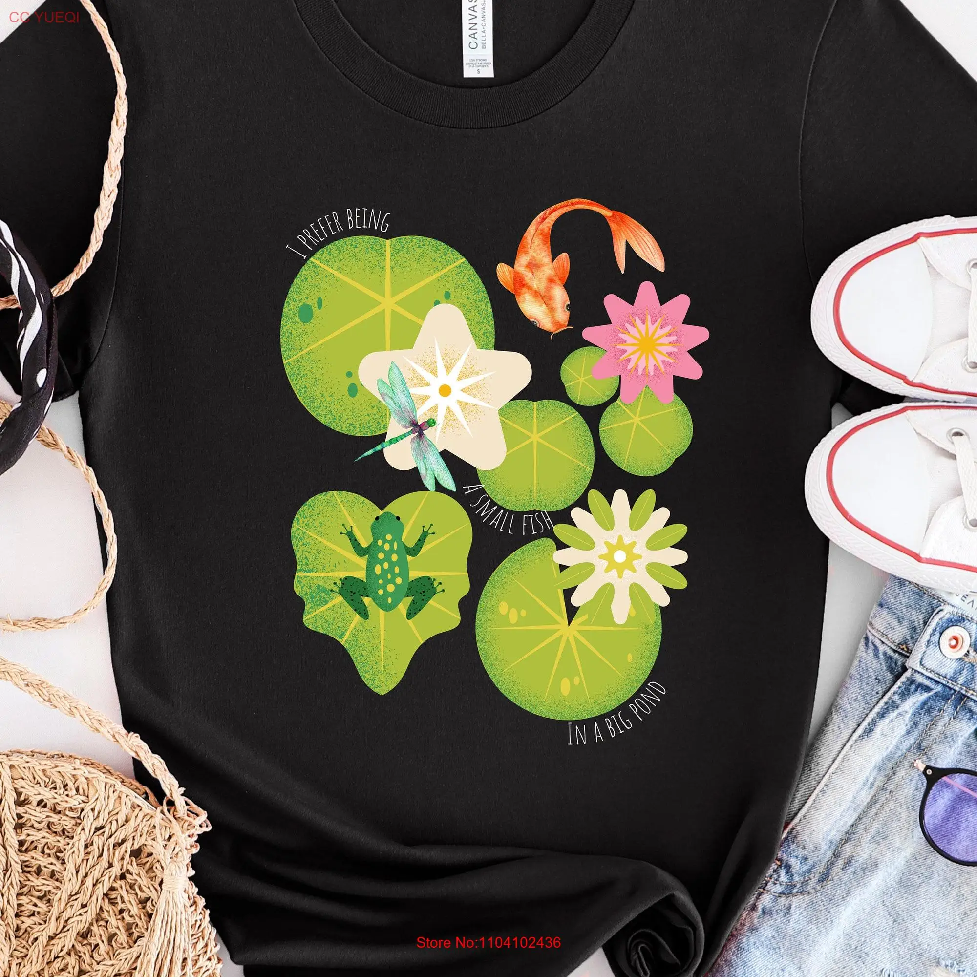 Frog Pond T Shirt Small Fish Birthday Dragonfly Nature Lover Fun Lily pad long or short sleeves