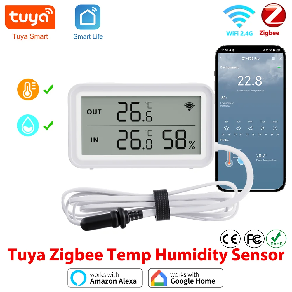 Tuya WiFi Zigbee capteur de température et d'humidité avec sonde externe APP télécommande fonctionne avec Yandex SmartLife Alexa