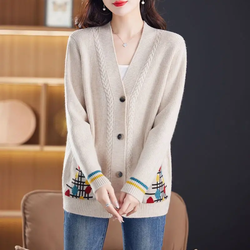 Fashion Women Vintage Cardigan Sweater Korean Clothing Autumn Winter V-neck Pockets Versatile Casual Long Sleeve Knitted Coats