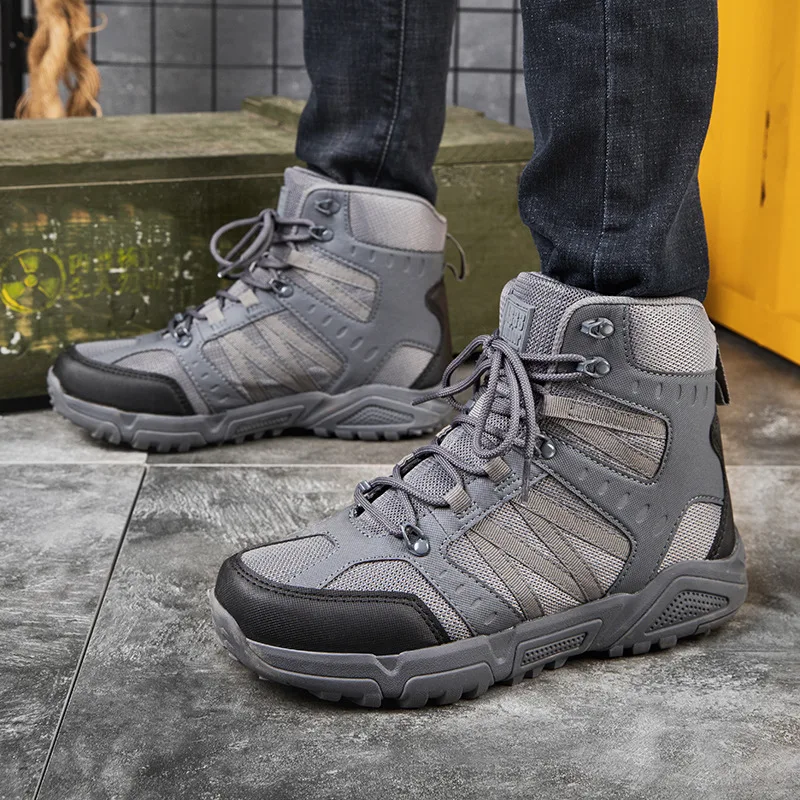 Outdoor Gray Tactical Boots Men High Quality Breathable Hiking Boots Mens High Walking Sneakers Size 46 47 botas tacticas hombre