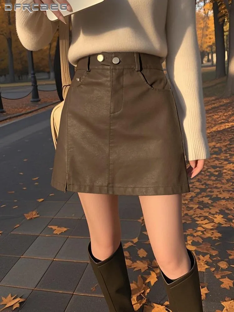 

Coffee High Waist Sexy Pu Leather Short Skirt Woman Autumn Winter Korean Slim Chic Pencil Skirts Lady