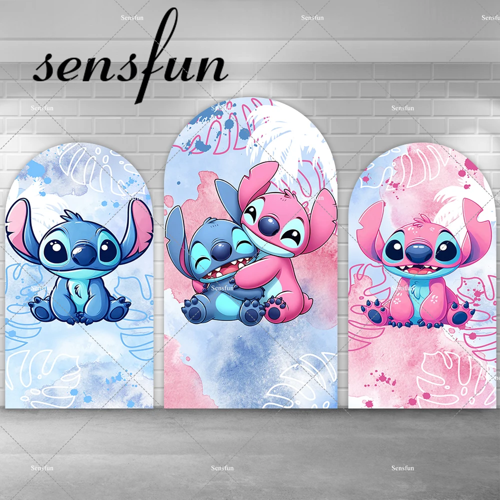 

Watercolor Lilo & Stitch Theme Arch Backdrop Cover for Photography Pink Blue Girls Birthday Party Backgrounds Arched Banner