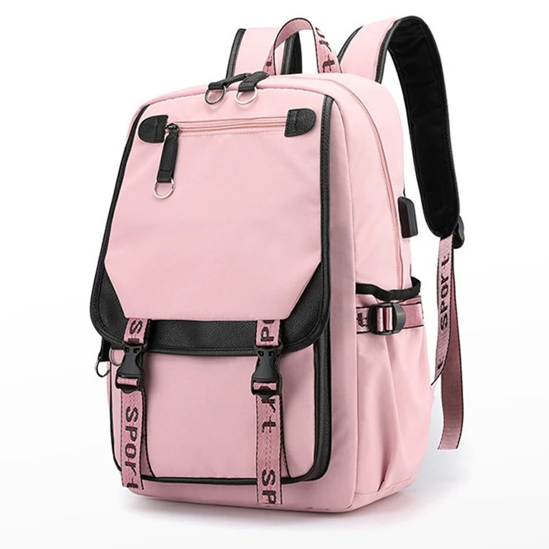 large school bags for teenage girls USB port canvas schoolbag student book bag fashion black pink teen school backpack