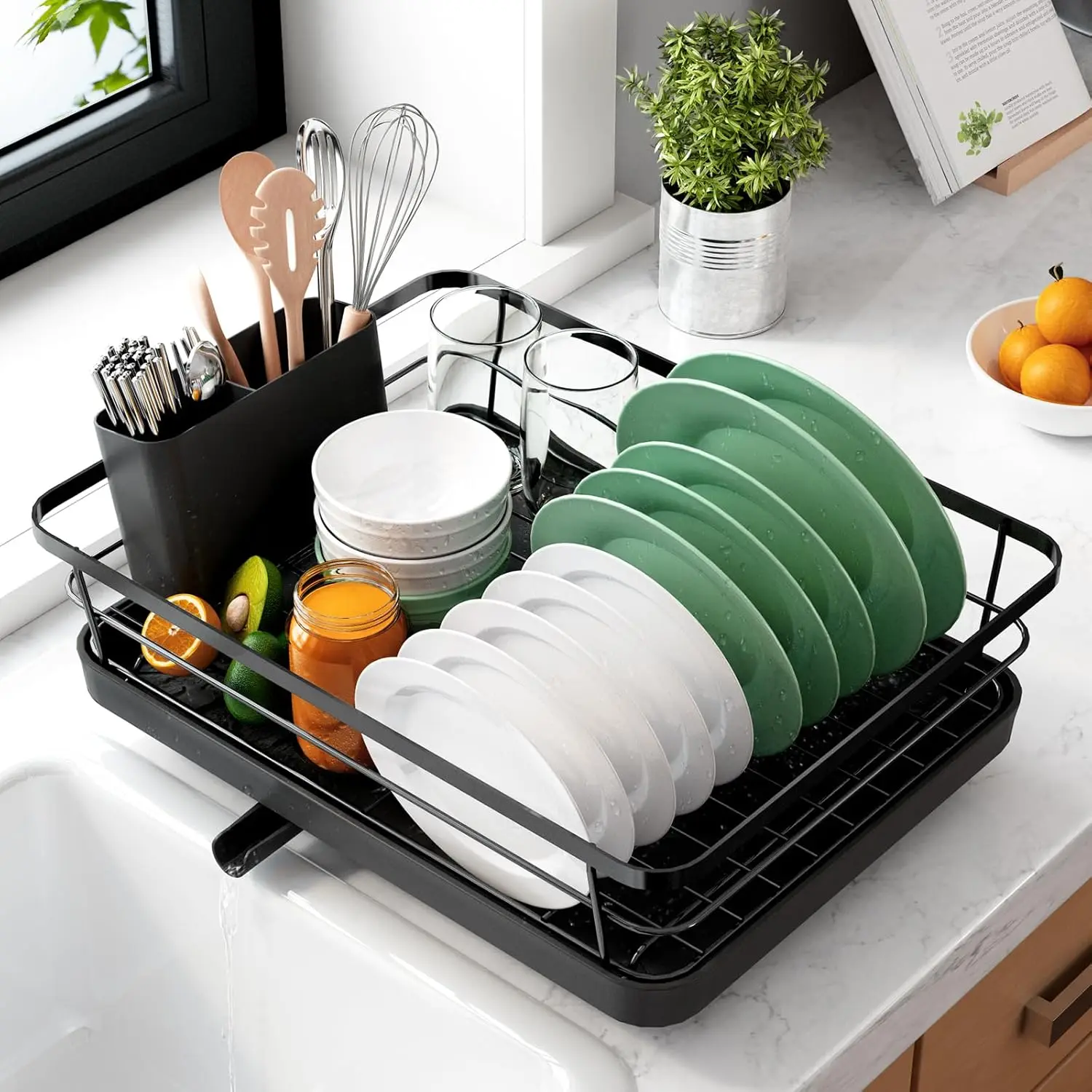 

Dish Drying Rack for Kitchen Counter, Stainless Steel Sink Organization and Storage Essentials with Cutlery Holder