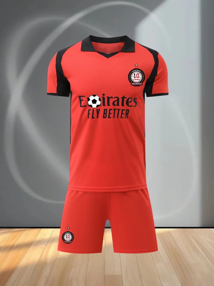 Men Red Black Soccer Jersey Set Short Sleeve Football Shirt Shorts Kit Breathable Quick Dry Training Match Sports Uniform