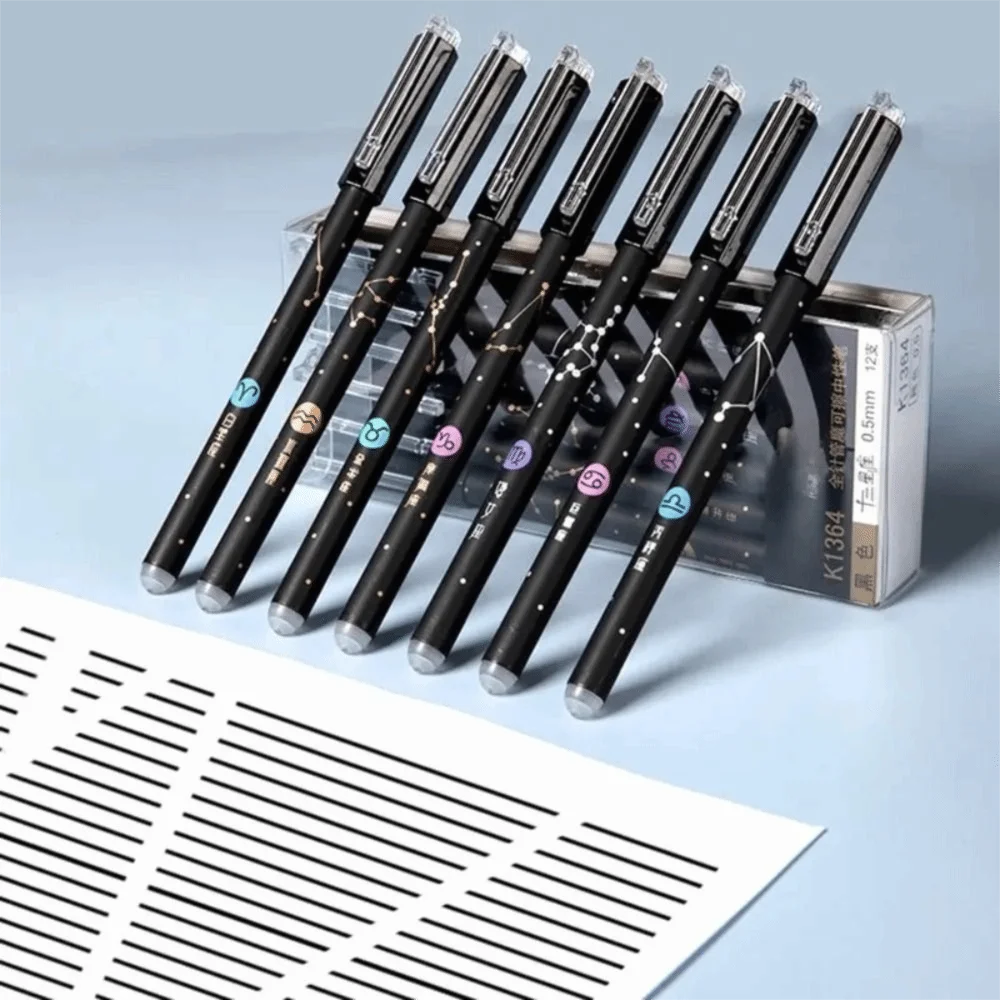 

12 шт./компл., стираемая гелевая ручка 12 созвездий, 0,5 мм, тонкая многоразовая гладкая гелевая ручка, синяя и черная шариковая ручка, школьные принадлежности