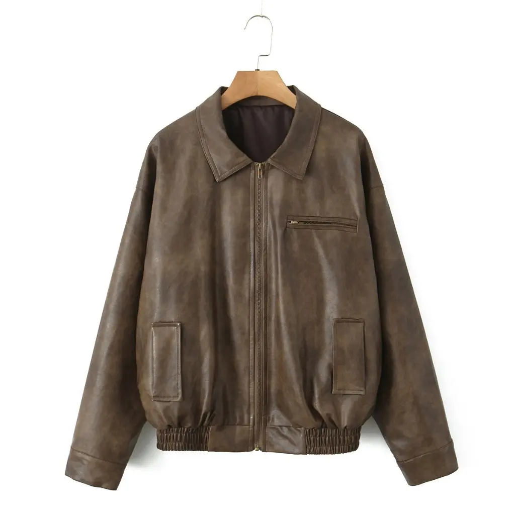 Chaqueta de cuero de estilo americano para mujer, Top de cuero PU con cremallera holgada Vintage Moto Spice Girl para otoño