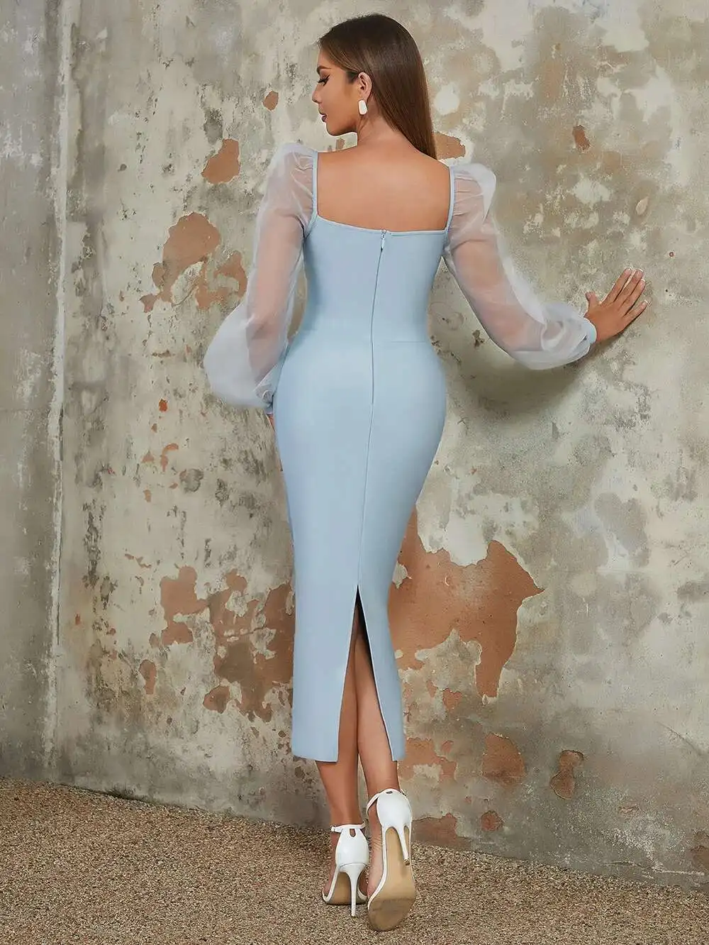 エレガントな女性の小包包帯 V ネックバブルスリーブボディコンミディドレス新しいセレブテールイブニングパーティー Vestidos