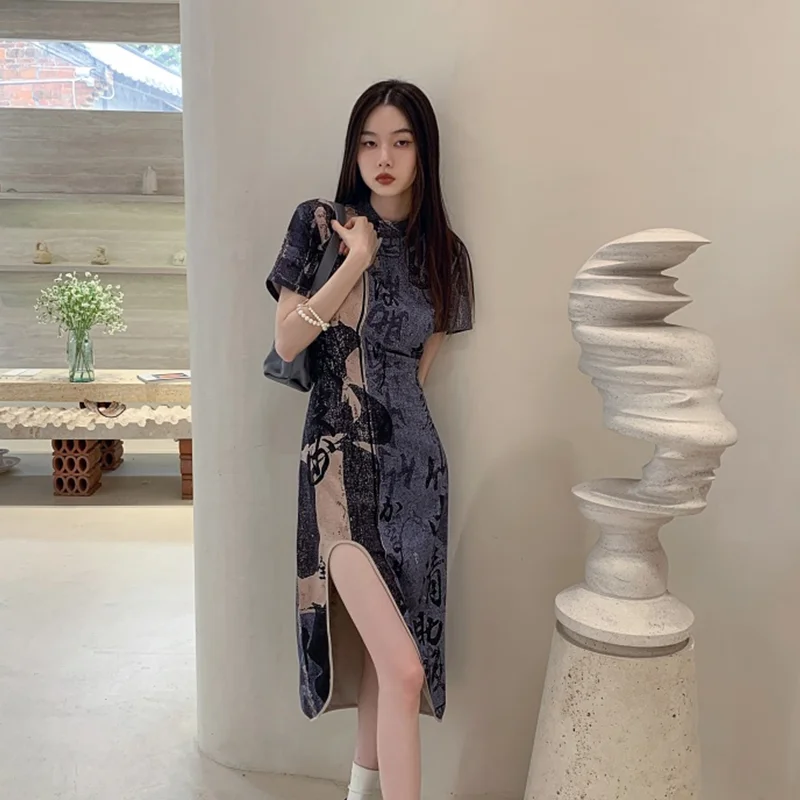 Women's Wear Dress Thai Tea Break French Kikyo New Chinese Split Cheongsam Mid-length Skirt Design Ink Print Temperament Dress