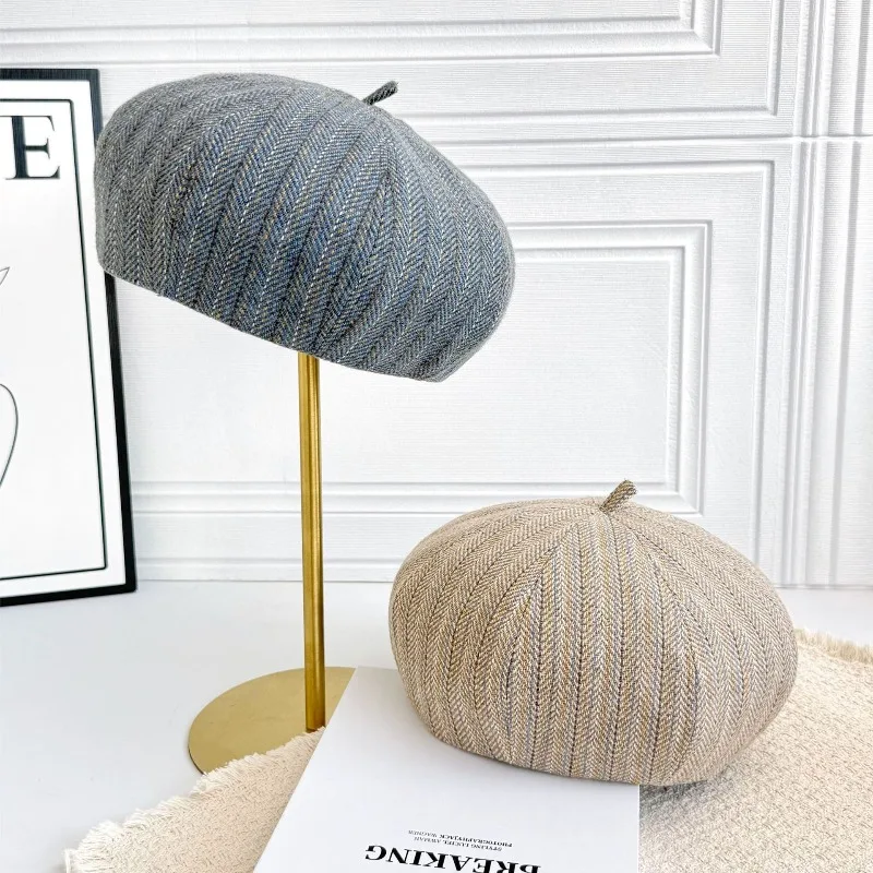 Vintage Herringbone Pumpkin Beret Unisex Simple Literary Artist Cap British Tweed Textured Headwear Autumn Outdoor Street