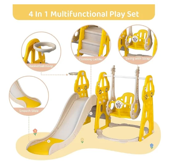 4-in-1 Toddler Slide and Swing Set with Extra Large Playground, Basketball Hoop & Climber, Indoor/Outdoor Playset