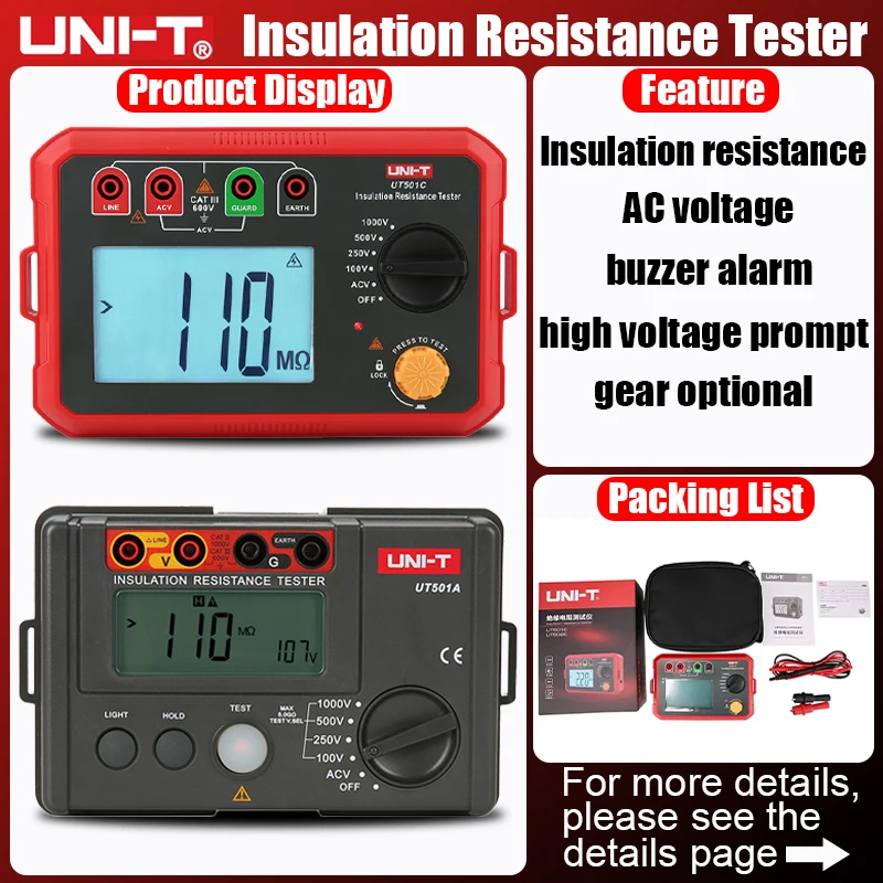 uni-t-ut501a-c-ut502a-c-testeur-de-resistance-d'isolation-ohmmetre-numerique-megohmmetre-testeur-de-mesure-ohm-professionnel-voltmetre