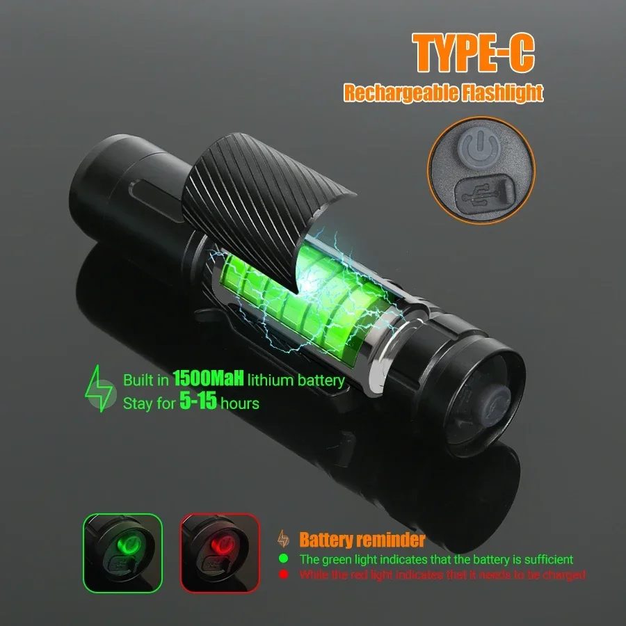 SC8 High Powerful LED Tactical EDC Keychain Flashlight USB Rechargeable 1500mAh Torch with Pen Clip Fishing Camping Lantern