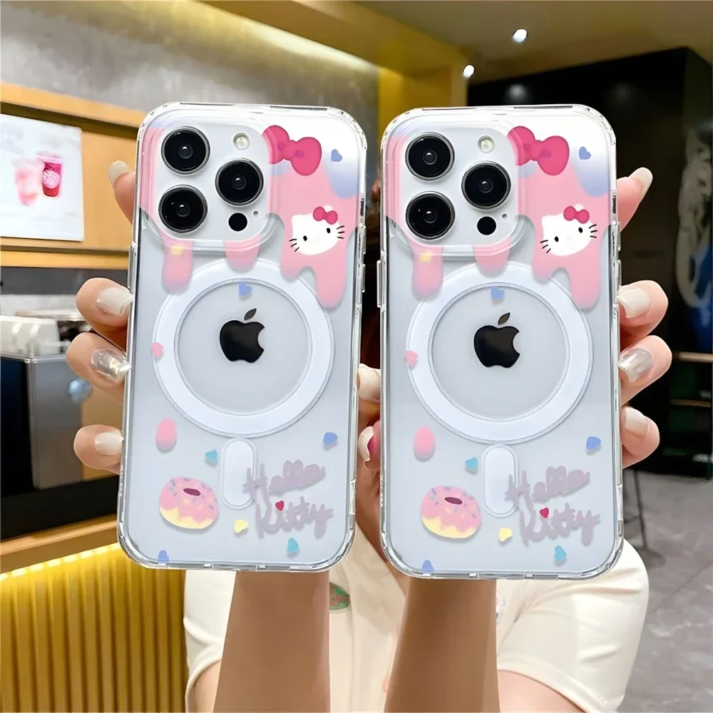 For Magsafe Sanrio Hello Kitty Clear Case for iPhone 16 Plus 12 13 mini 11 14 15 Pro Max Hard Plastic Wireless Charging Cover