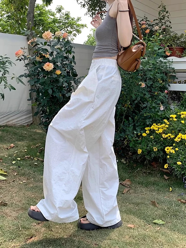 สีขาวขี้เกียจ Sle กางเกงลําลองกางเกงขากว้างเอวสูงผู้หญิงฤดูร้อนหลวม Fit Drapey กางเกงขายาวเวอร์ชั่นเกาหลีตรง L...