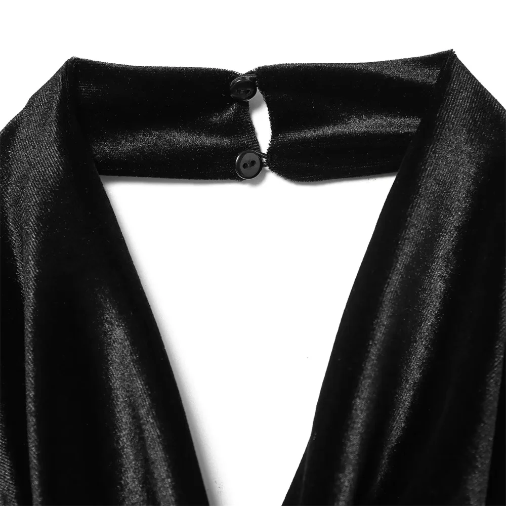 Zimowa Nowość Damska Francuska Retro Luksusowa Zmysłowa Sukienka Midi z Aksamitu z Dekoltem typu Halter i Koronkowym Kołnierzykiem z Aksamitu