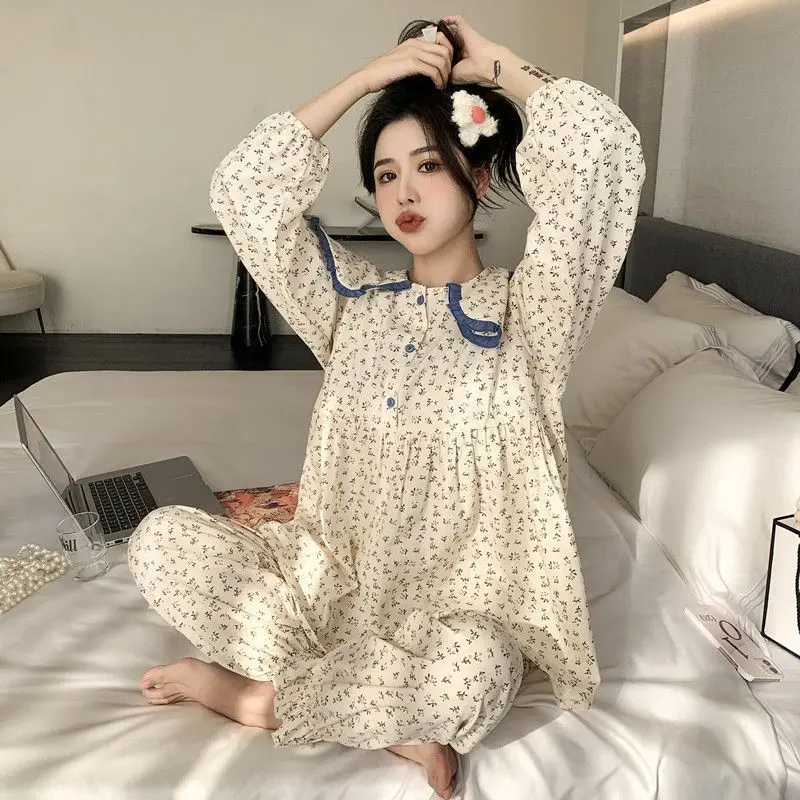 

Floral Sleepwear Women Pajama Sets Long Sleeve Piiama Korean Pants Sets 2 Pieces Casual Night Wears Button Autumn Home Suit New