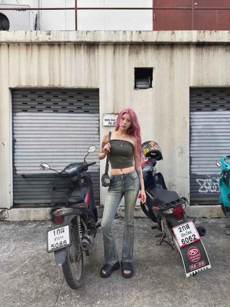 

American Sle Retro Waed Bell Bot Jeans Women High Waist Slim Fit Elastic Long Pants Ladies Casual Cotton Stretch Denim