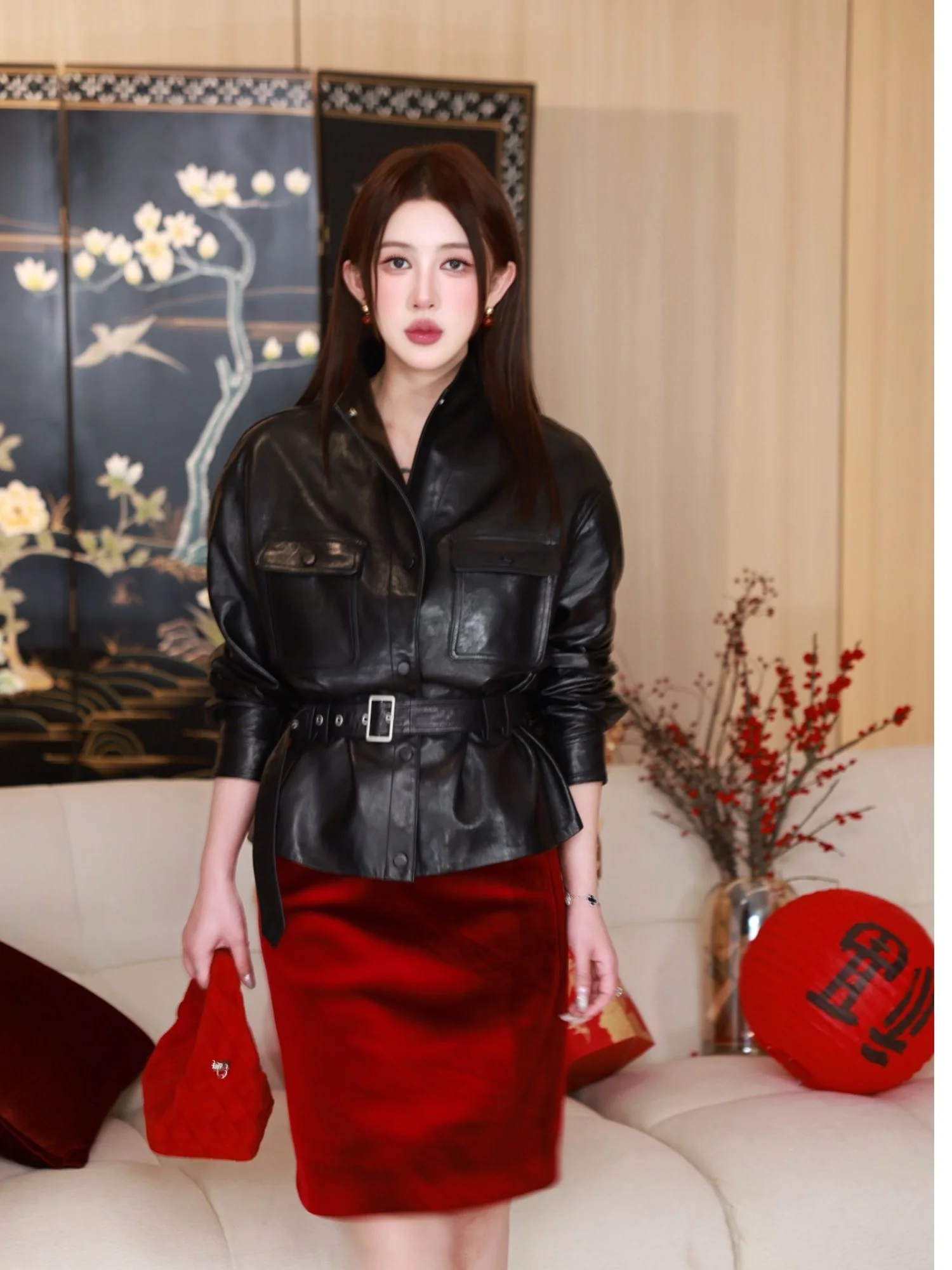 

Женская приталенная куртка Gyantong из вощеной овчины с воротником-стойкой и поясом, короткое пальто в стиле панк, китайский бренд, весна-осень WT1145