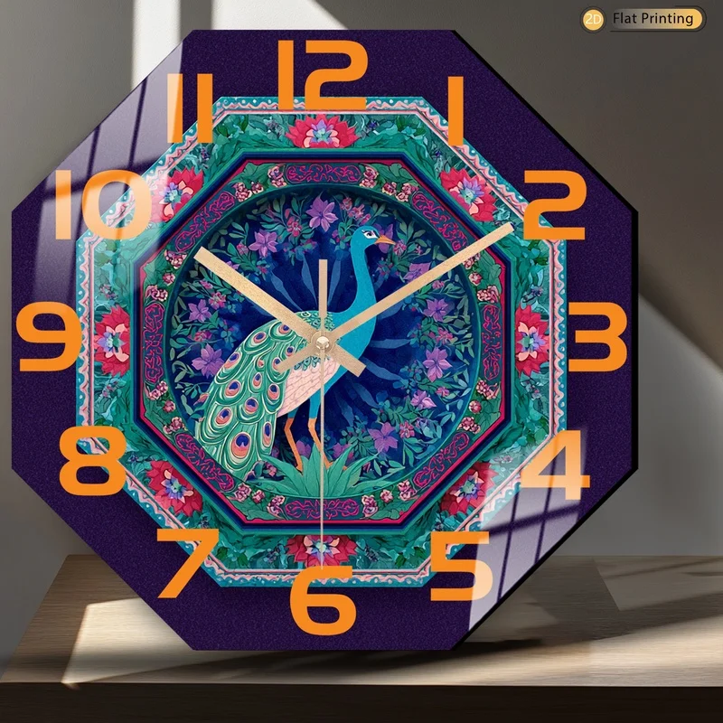Reloj de pared octogonal con motivo Floral de pavo real minimalista, para estudio y sala de estar, Ideal para el día de la madre y regalos de Pascua, 1 ud.
