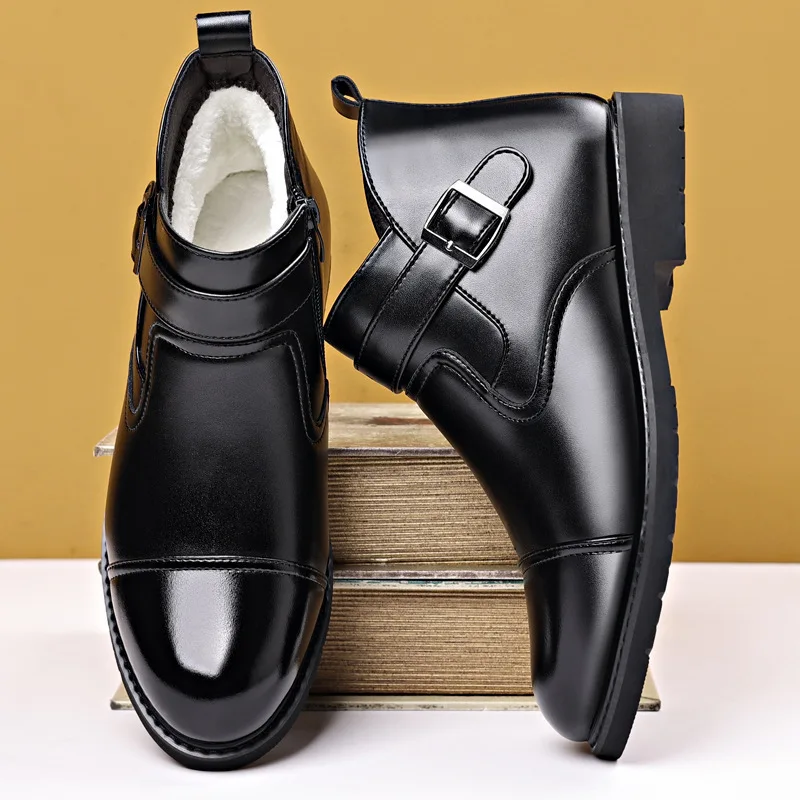 Fashion Decent High Top Men's Formal Dress Shoes Winter Ankle Boots 2026 Square Heel Black Warm Thick Plush Short Boots Office