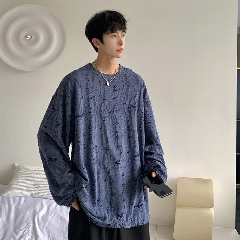 

Korean Fashion 2024 High Street Ripped Holes Long Sleeves T-shirt Solid Color Streetwear Oversized Casual Top Tees Harakuju Tees