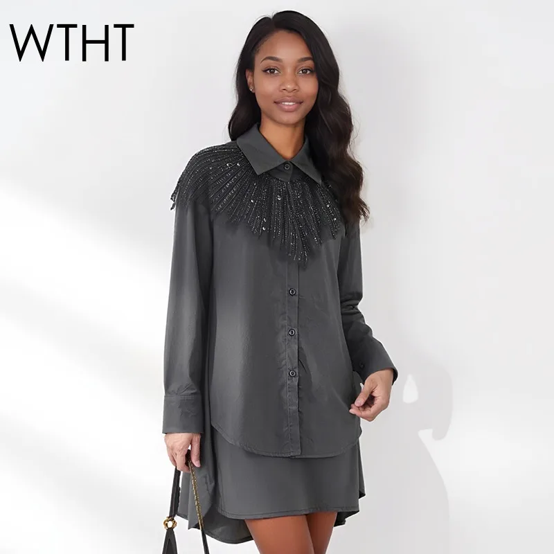 

WTHT New Fashion Women's Spliced Lace Sequins Shawl Loose Shirt 2026 Spring Trendy Lapel Long Sleeves Blouse Female 1LS2905