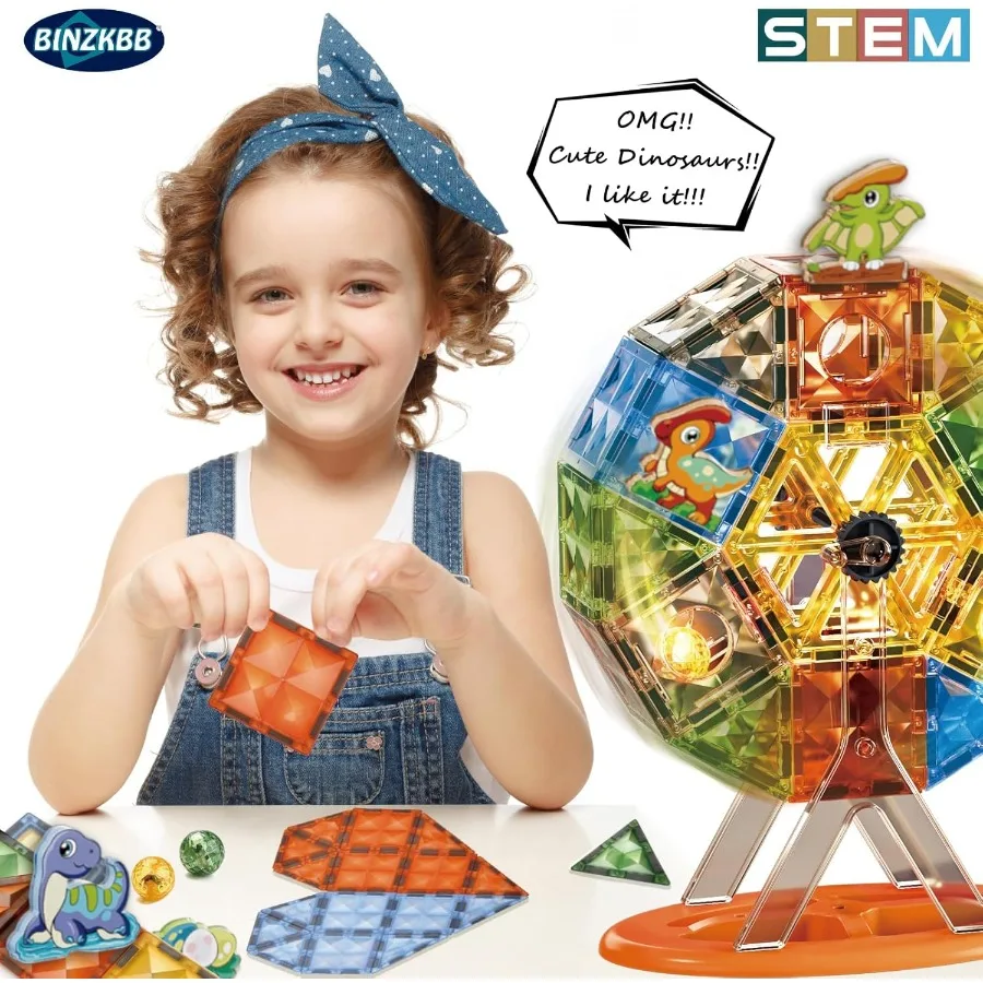 BINZKBB البلاط المغناطيسي 110 قطعة - مكعبات بناء مغناطيسية مضاءة ثلاثية الأبعاد لألعاب الديناصورات الإبداعية المكدس الحسي التعليمي STEM Con