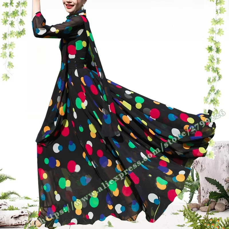 

Round neck long sleeved polka dot dress for women, summer 2024 fashion new slim fit big swing chiffon long dress