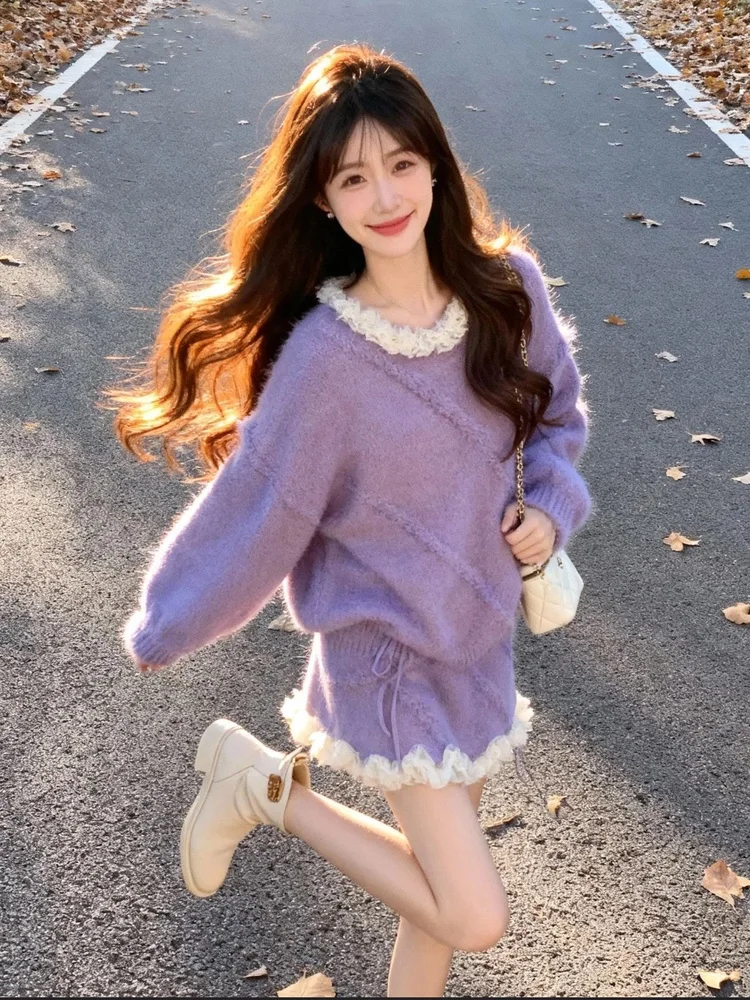 

Lace Purple Sweater And Skirt Two Piece Set Women's Winter New Sle Age Reduction Casual Outfit Ensemble