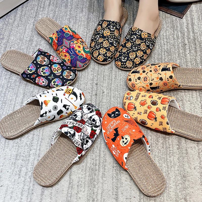 Halloween Pumpkin Design Mules Man Woman Couple Size Indoor Linen Slide Ladies Full Season  Canvas Slipper Anti-Slip Floor Shoes