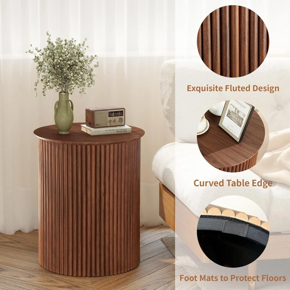 현대적인 플루트 모양의 원형 사이드 테이블 - 소형 미드 센추리 나이트스탠드, 17.7인치 원형 침대 옆 테이블, 현대적인 가정용 원목 나이트스탠드