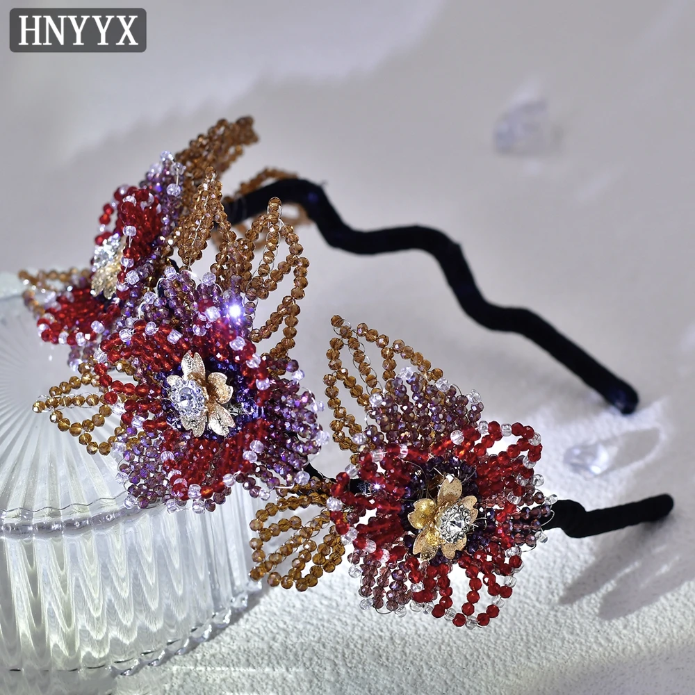 HNYYX Crystal Beaded Flower Headband Red Vintage Headband for Women Festive Decor Hair Accessories Wedding Party Head Piece A62