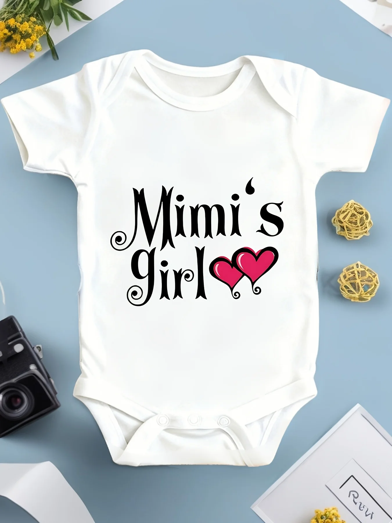 

1pc Baby Bodysuit "Mimi's Girl with Hearts" Cute Bunny Print Onesie, Cozy Baby Suit, Breathable Cotton, Snapbutton Closure