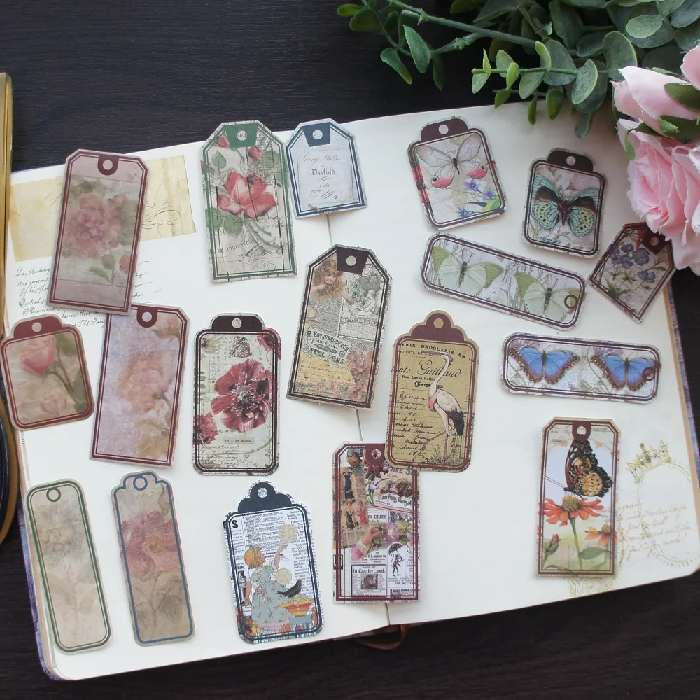 

38pcs MIX Size Tag Design Retro Butterfly Flower Map Style Paper Sticker Scrapbooking DIY Gift Packing Label Decoration