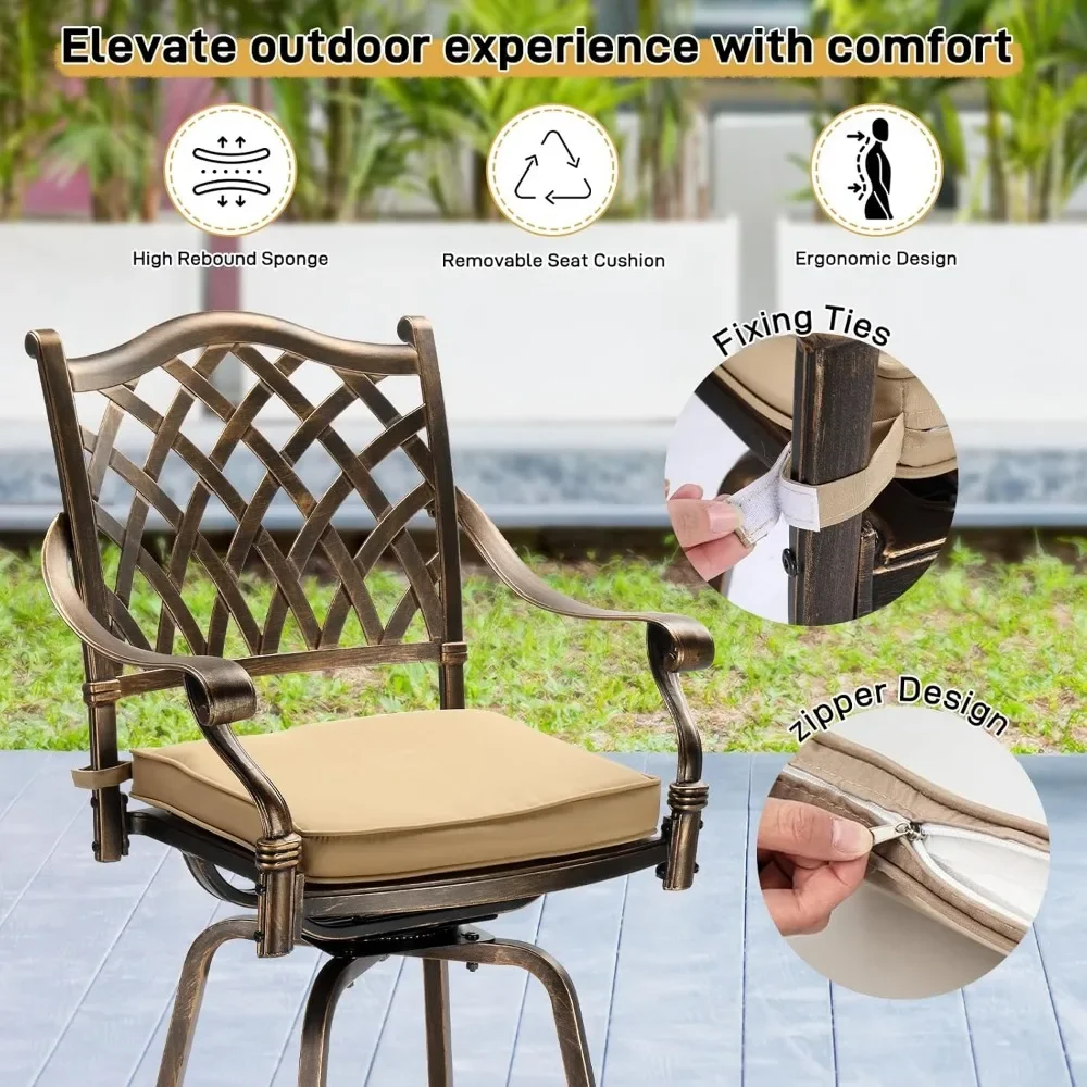 360° Rotation 380 lbs Capacity Barstools,Set of 2 Outdoor Swivel Bar Stools-Cast Aluminum, Bar Height Patio Chairs