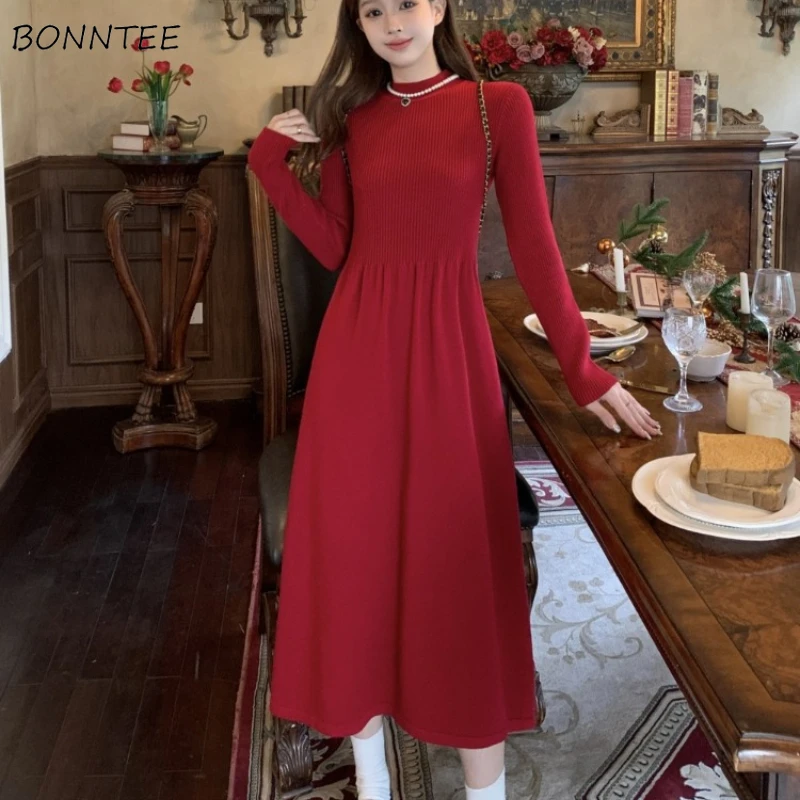 

Long Sleeve Knitted Dress Women Gentle Elegant Autumn Winter A-line Concise Платье Tender Streetwear Chic Basic Temperament New