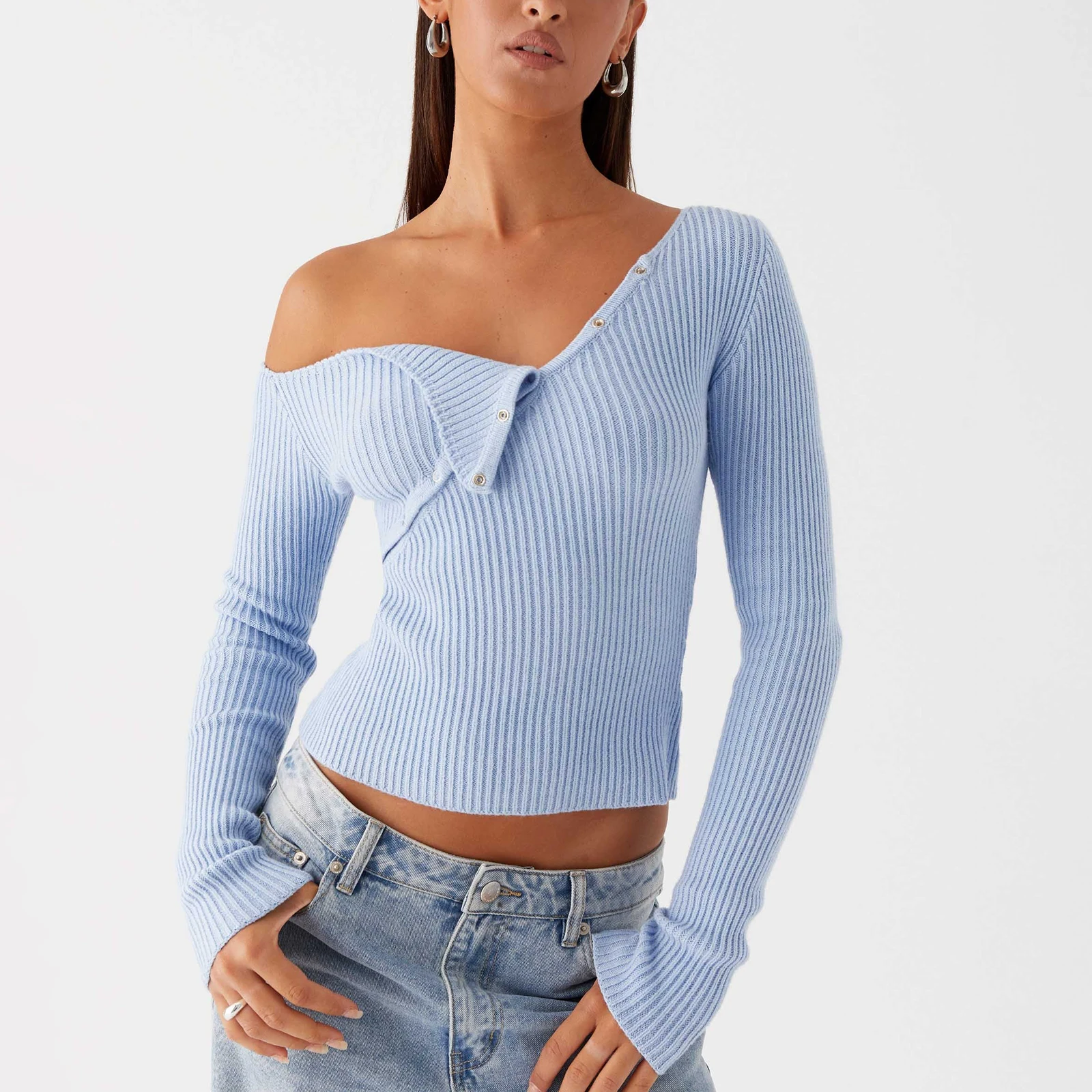 hirigin Fashion Women Off Shoulder Long Sleeve Sweater Y2K Ribbed Knit Pullover Solid Crop Top Slim Fit Boat Neck Blouse