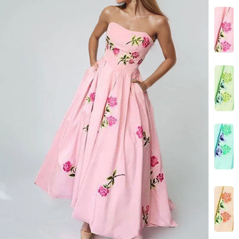 

FL 2026 Summer New Women Printed Elegant High Waist Flared Strapless Maxi Dress Soft Light Breathable Chic Daily Casual Beach