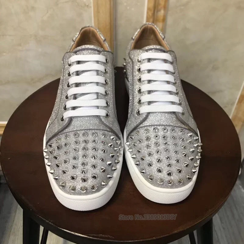 Spiked Shoes Silver Studded Sneakers Man Round Toe Rivet Gold Sequined Flat Shoes for Man Slip On Party Shoes Male