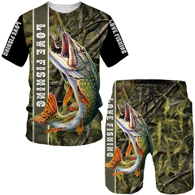 Summer Beach Men\'s Tshirt Set 3D Print Animal Fish Men Woman Round Neck T-Shirt Shorts Two Piece Set Casual Man Suits Clothing