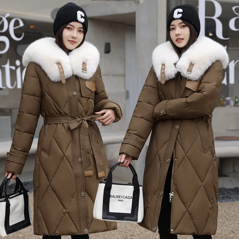 Fashion Warm Thickening Parkas Elegant White Collar Solid Slim Tie Up Waist Mid Length Coast Casual Autumn Winter 2023 Parkas