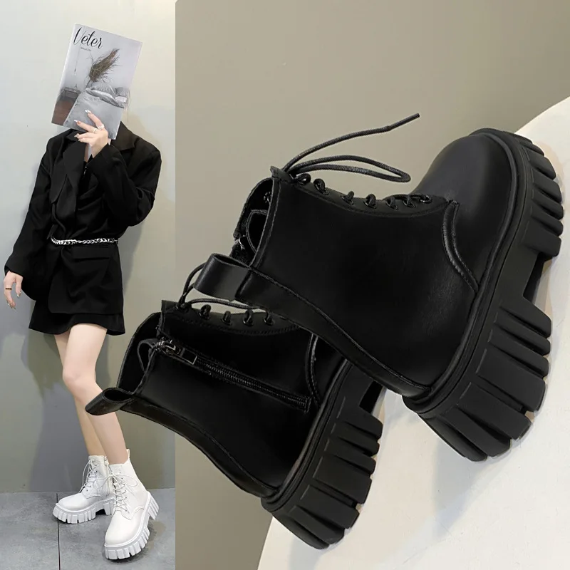 Rimocy Chunky Platform White Ankle Boots Women Autumn Winter Pu Leather Combat Booties Mujer Punk Thick Bottom Motorcycle Boots