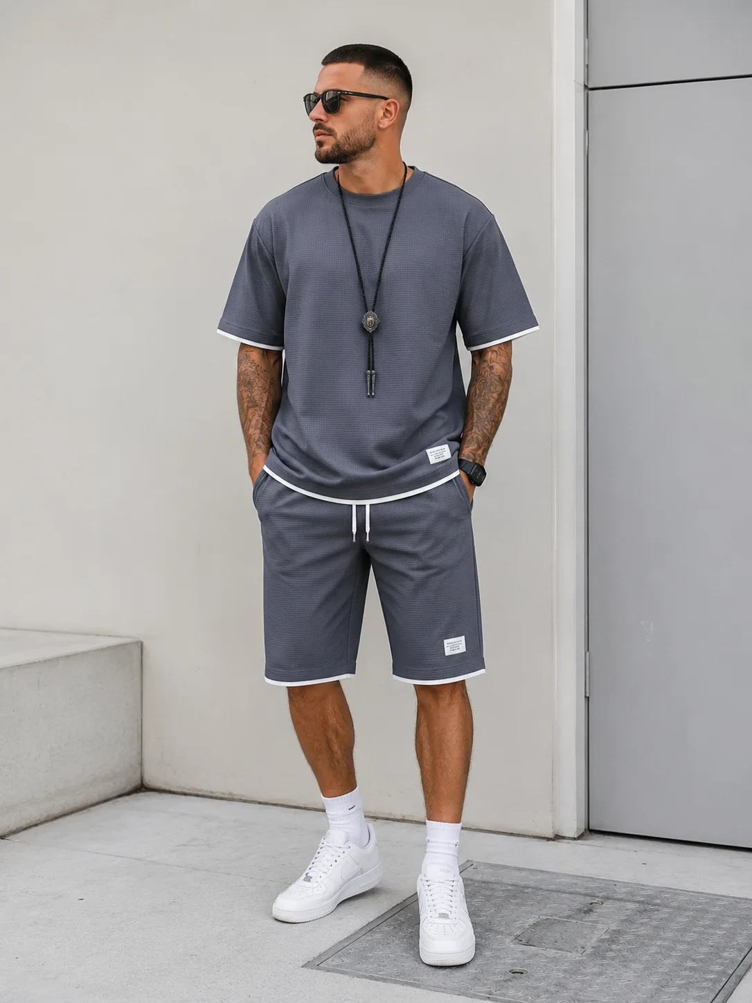 Men's Sports Running Cycling Casual Short-sleeve Outdoor Hiking Summer T-Shirt + Shorts Set Waffle Comfortable Tracksuit Suits