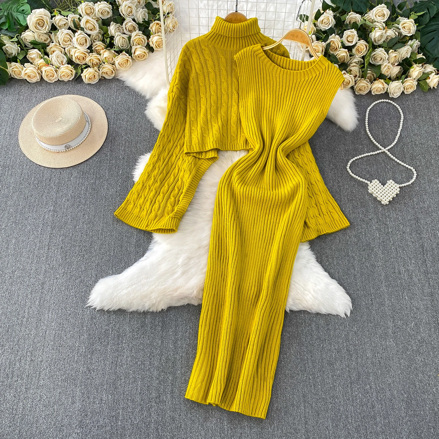 

Spring Autumn Knit Sweater Dress Two Piece Set for Women Turtleneck Long Sleeve Bodycon Knitted Dresses Outfit Stretchy Jumper