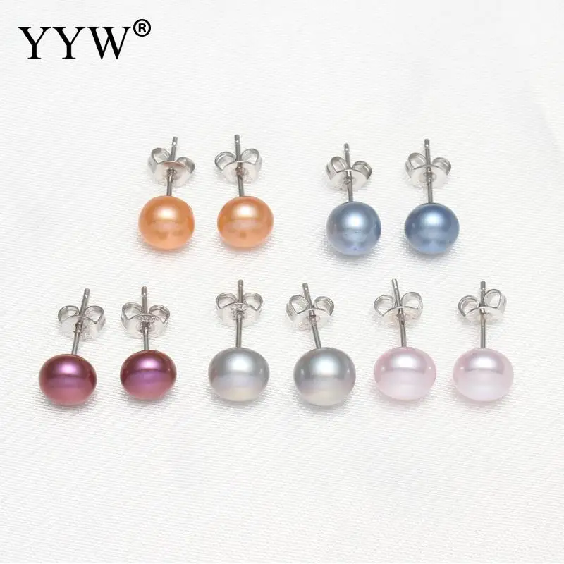 1Pairs Real freshwater pearl stud earrings South Korea\'s newly designed fashion jewelry simple highlight 7-7.5mm pearl earrings