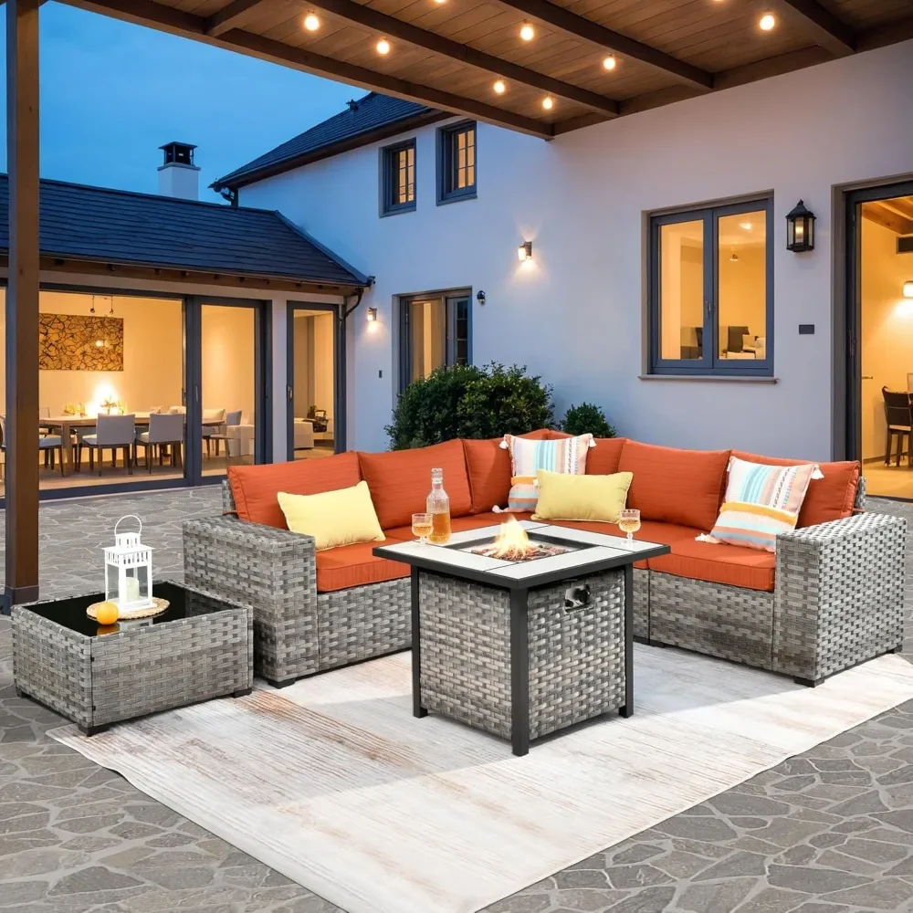 7 Pieces Patio Furniture Set, Outdoor Sectional Sofa Set with Fire Pit Table, Comfy Cushions and Deep Seat,Modern Modular Wicker