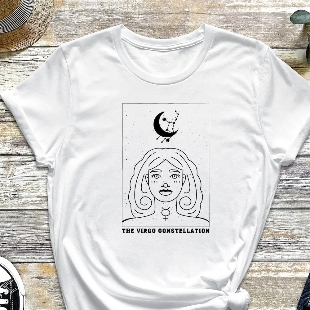 Virgo T Shirt Zodiac Signs Constellation Line Art Moon Goddess Celestial Mystic