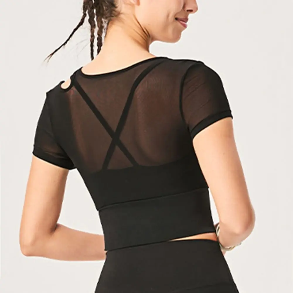 

Фитнес со спортивным бюстгальтером, рубашка для йоги, дышащая спортивная рубашка, сетчатая пряжа, майка с короткими рукавами, женская