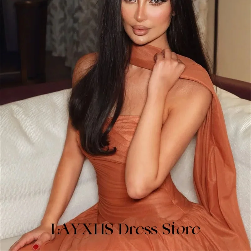 LAYXHS Elegante avondjurken Oranje strapless a-lijn sjaal plooi galajurken op maat gemaakte robes de soirée